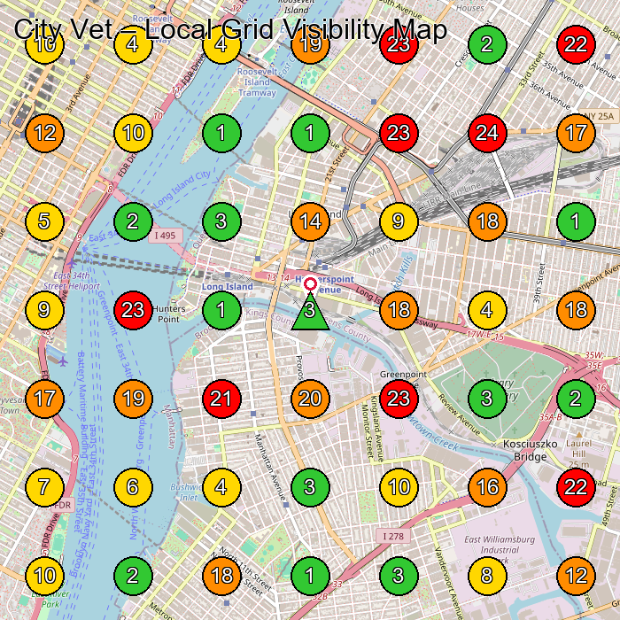 City Vet Animal Hospital GeoGrid ranking map for Long Island City NY